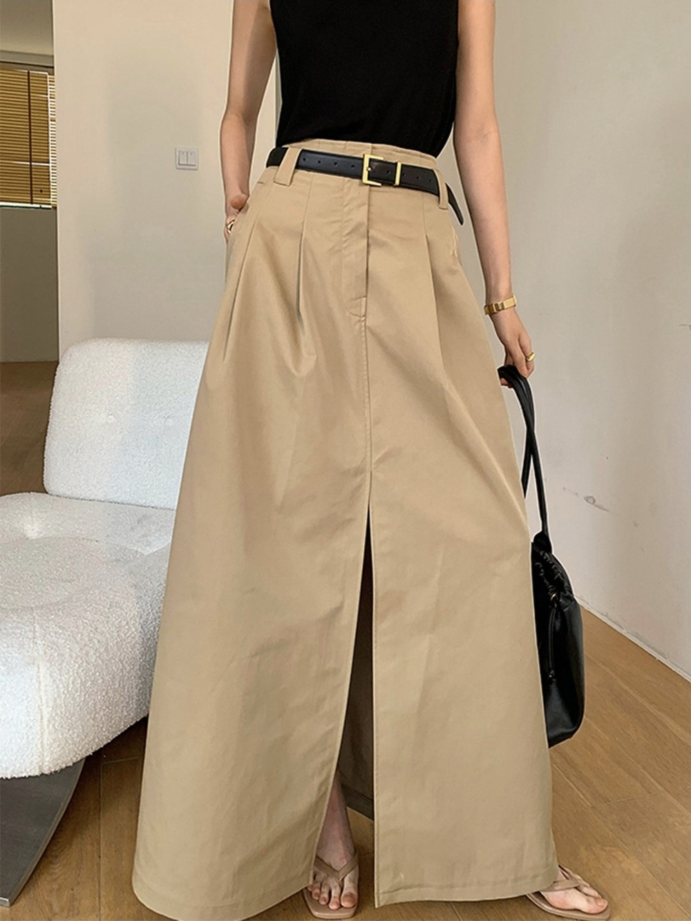 Commense Black High-Waist Cotton Maxi Skirt